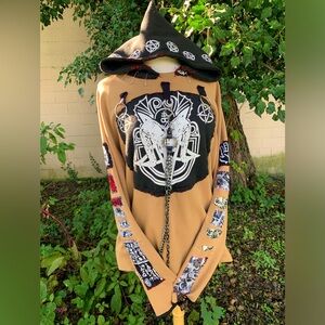 SOLD Xl reworked tan demon hoodie with removable chains, and hand sewn patches